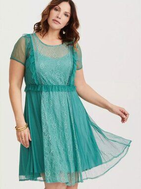 Torrid Teal Lace Skater Dress 4X Plus Size Fit & Flare Lined Feminine